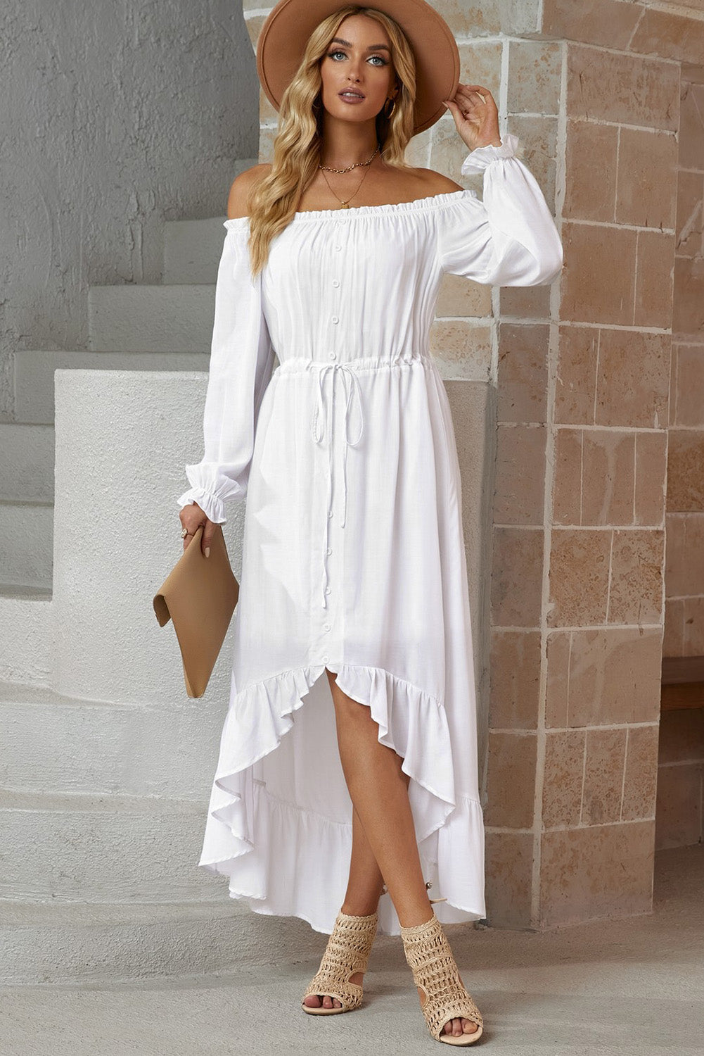 Decorative Button Ruffled High-Low Off-Shoulder Dress Schiq Trends Decorative Button Ruffled High-Low Off-Shoulder Dress Schiq Trends